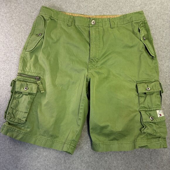 Tommy Hilfiger Cargo Shorts Mens 35 Green Cotton Utility Pockets Y2K 2000s - Picture 1 of 10
